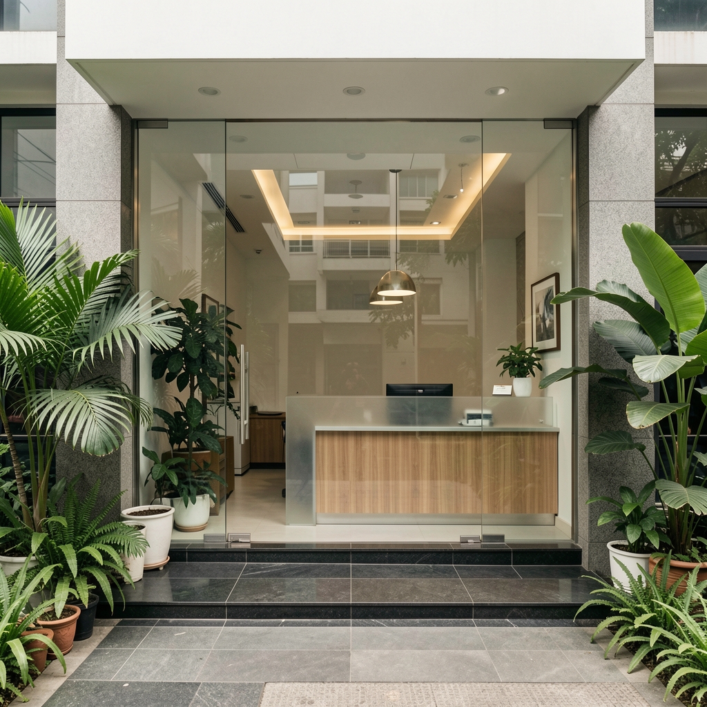 Quiet Helian editorial office entrance in central Jakarta with plants and a clear reception desk