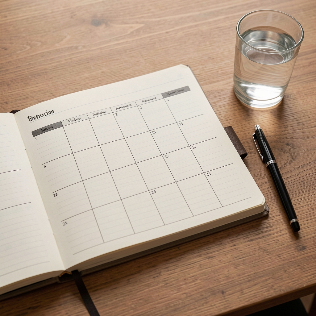 Open paper planner showing a balanced weekly routine beside a glass of water and pen