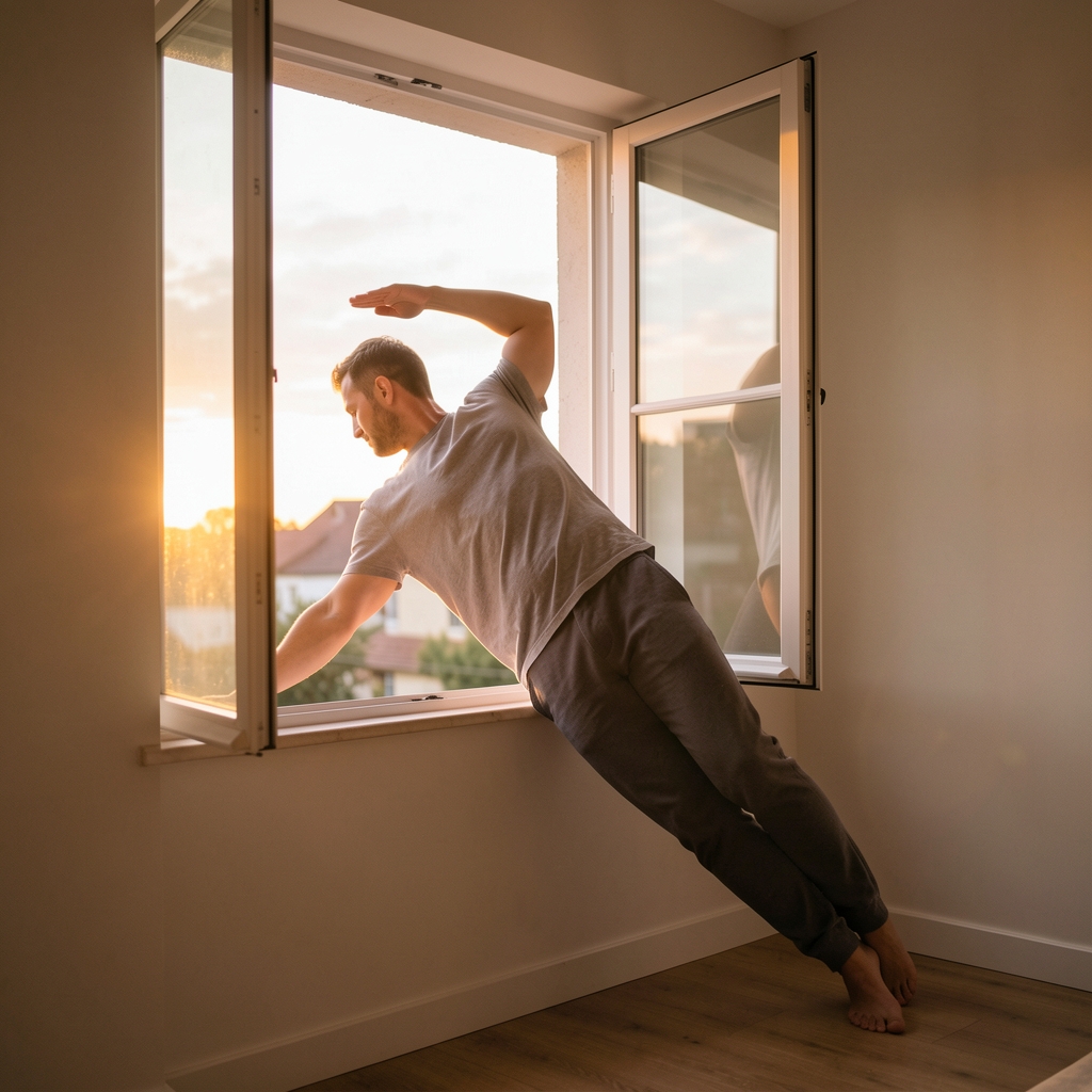 Man stretching beside an open window as soft sunrise light enters a quiet room