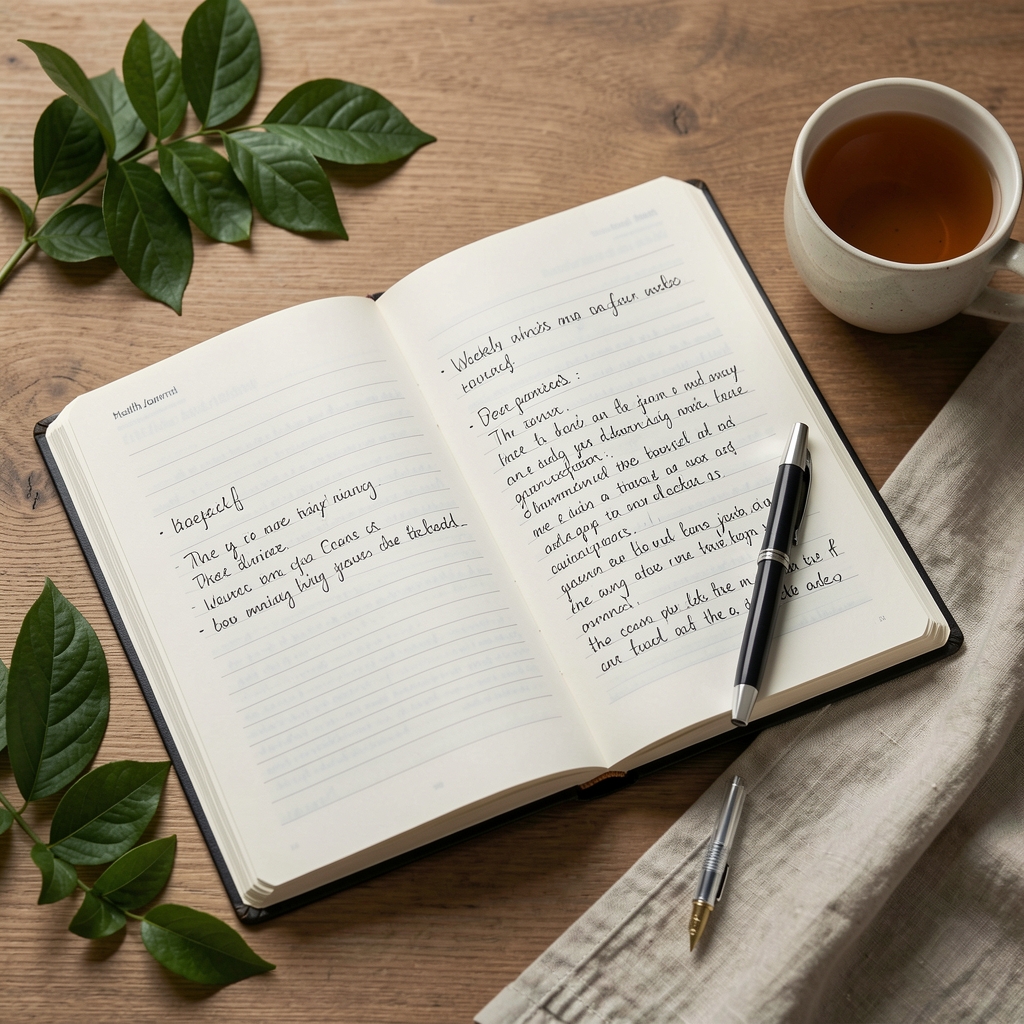 Open health journal with handwritten weekly reflections beside tea, green leaves and a linen cloth
