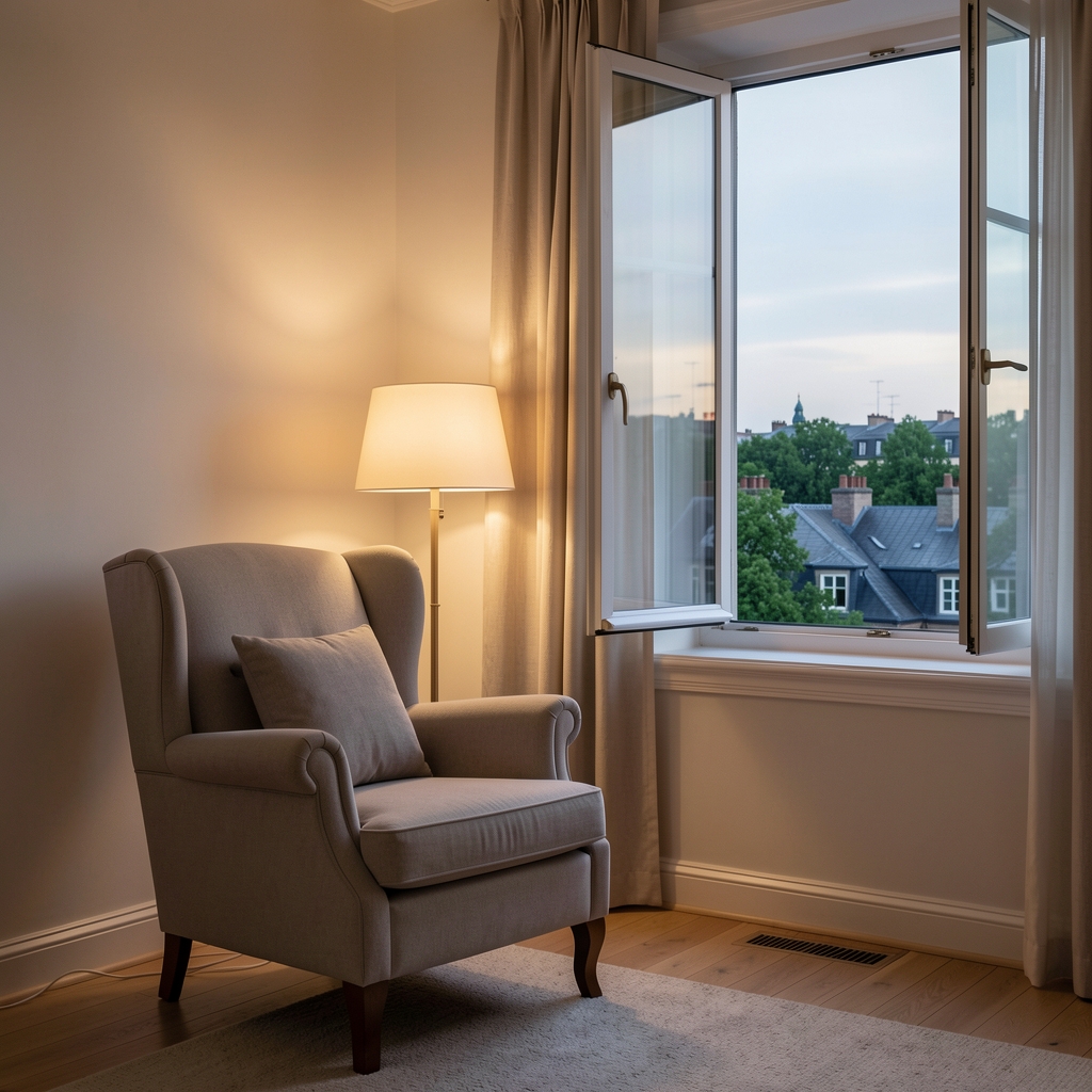 Calm evening room with reading chair, soft lamp and open window overlooking leafy city rooftops