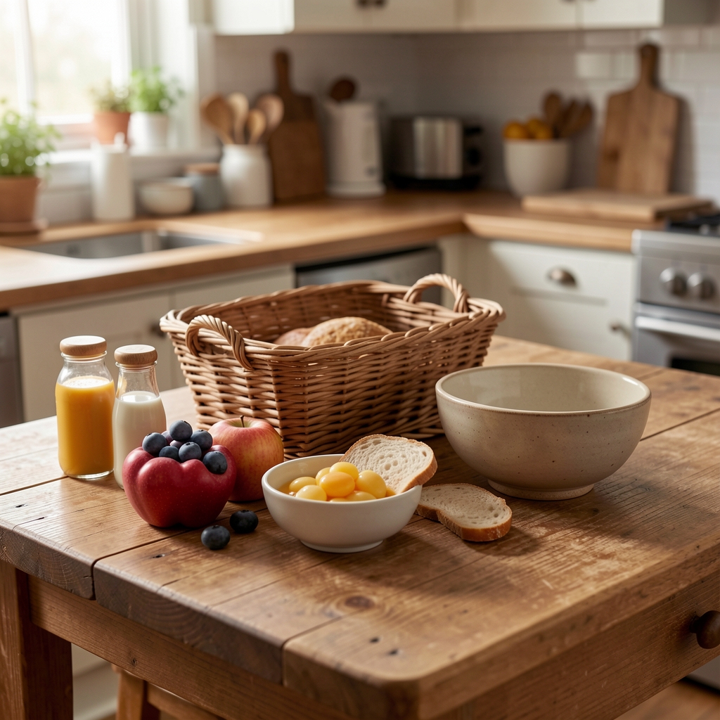 Colorful Indonesian breakfast ingredients arranged on a wooden kitchen table with woven basket and ceramic bowl