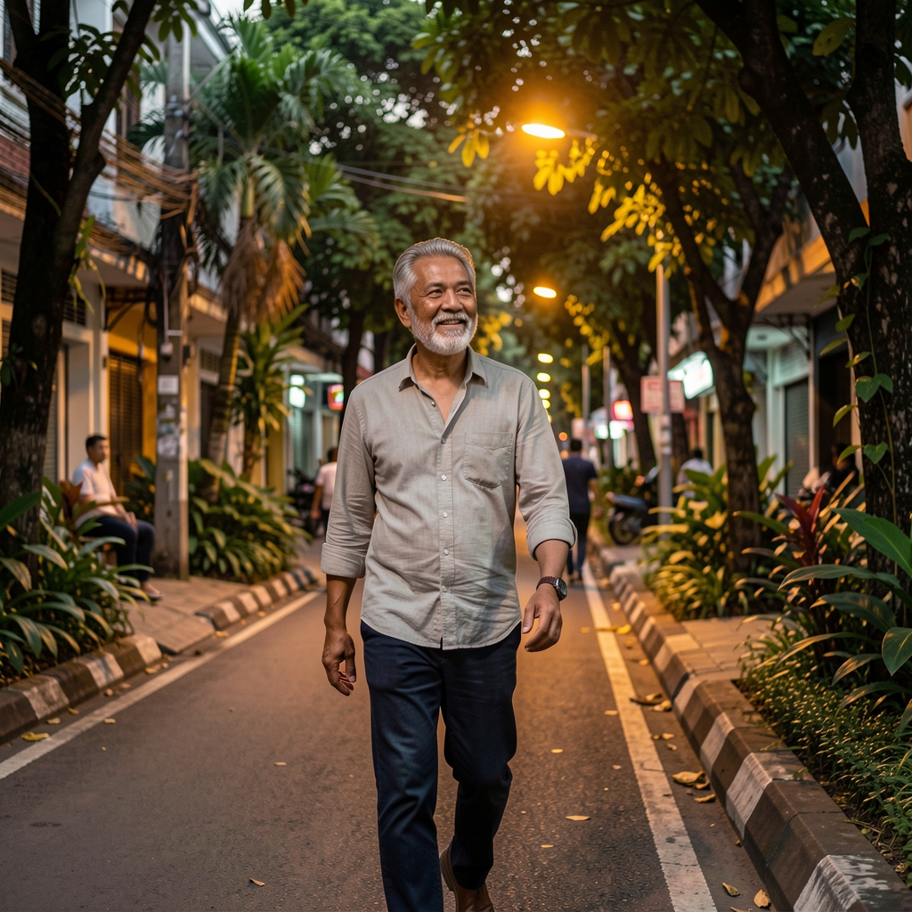Middle-aged man taking a relaxed evening walk beside a leafy Jakarta city lane with warm street light