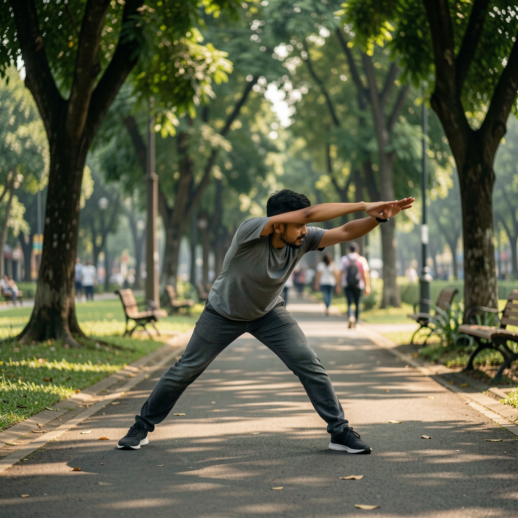Man in his thirties stretching beside a shaded Jakarta park path during a quiet morning walk