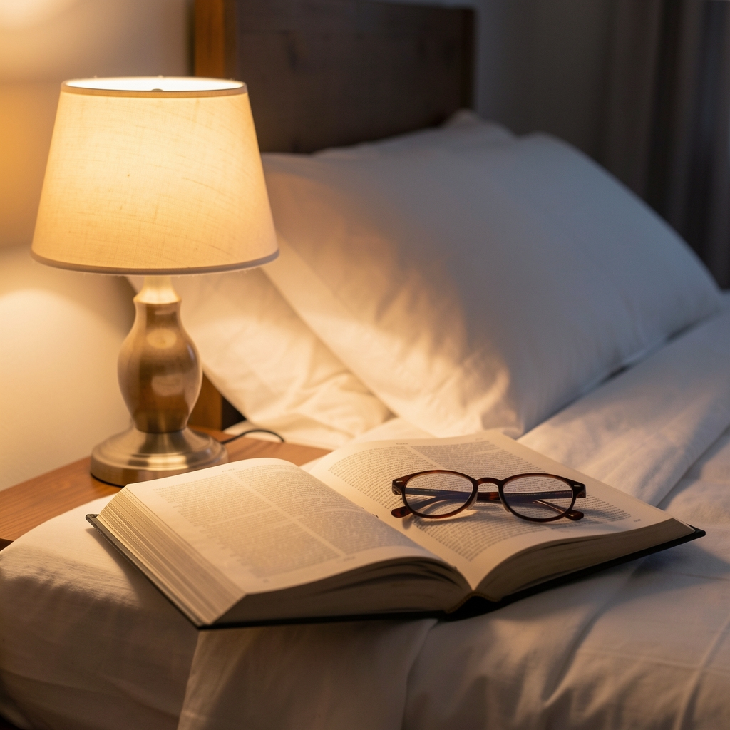 Open journal and reading glasses beside a warm bedside lamp in a quiet evening room
