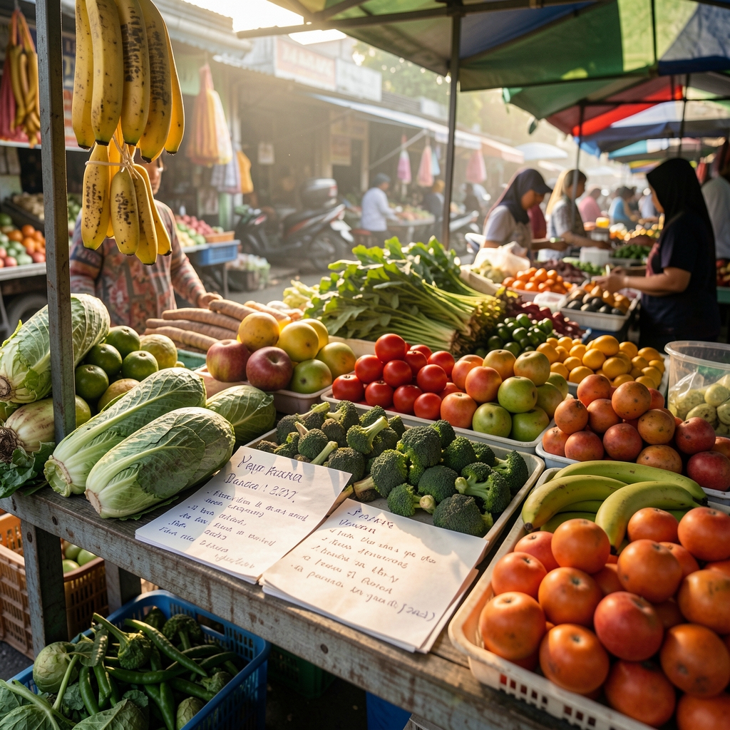 Fresh produce and handwritten notes arranged on a Jakarta market stall at morning light
