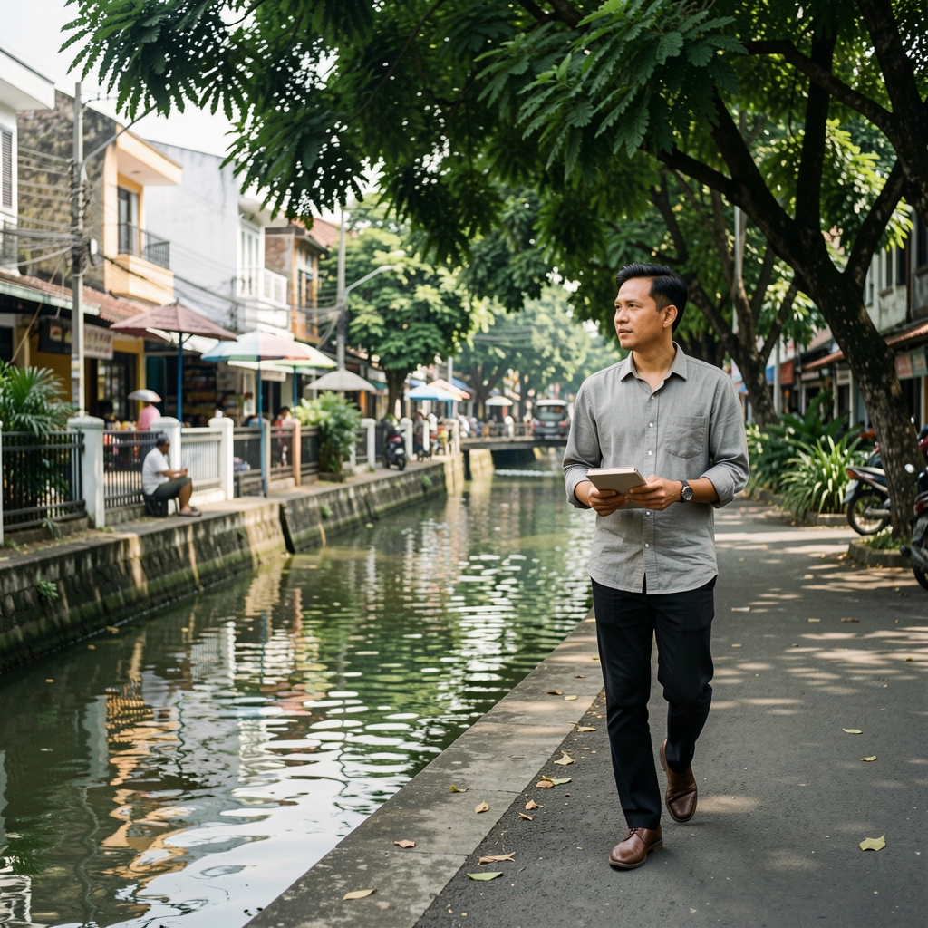Man walking beside a shaded urban canal in Jakarta while carrying a small notebook
