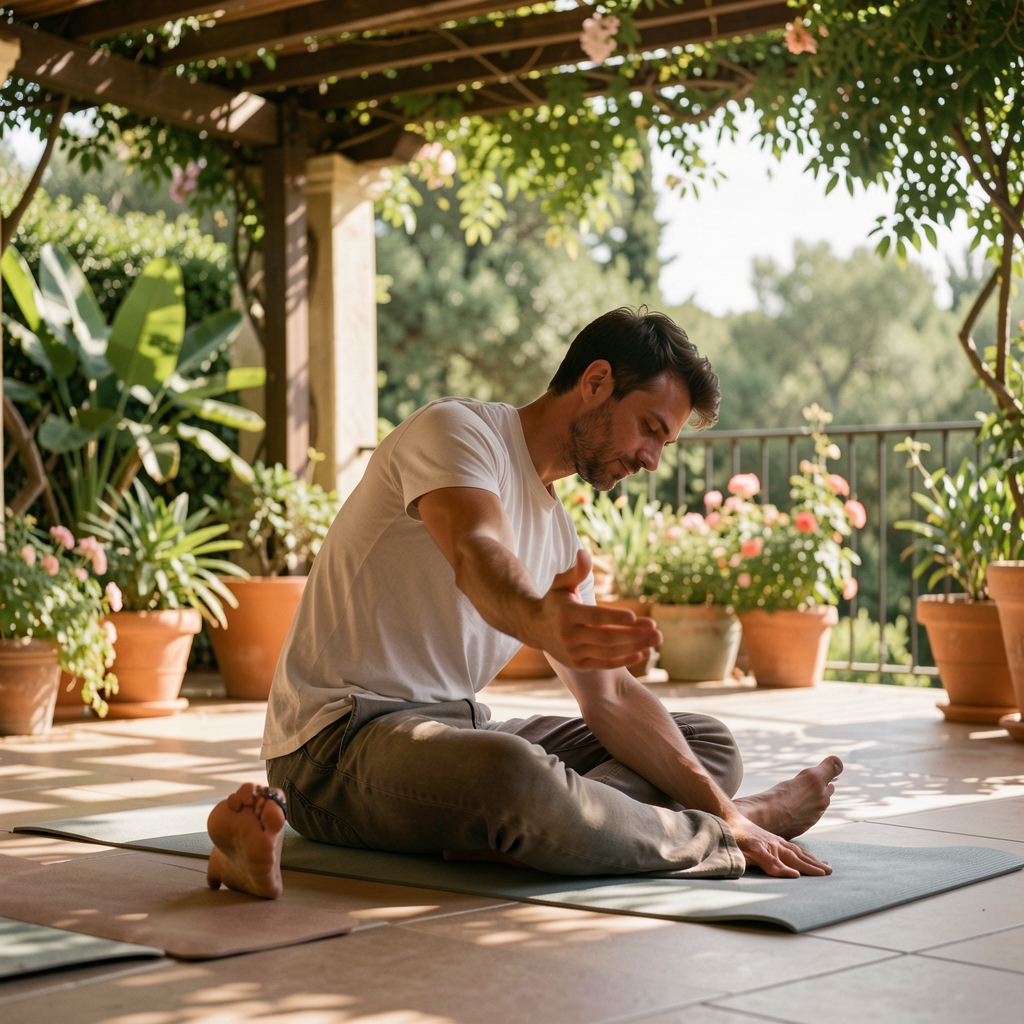 Man in his thirties doing a gentle mobility sequence on a shaded outdoor terrace