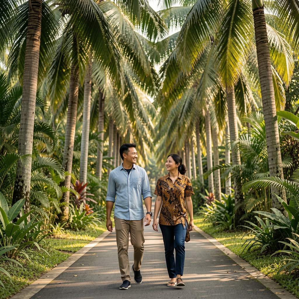 Two adult friends walking at an easy pace beneath tropical trees in Jakarta
