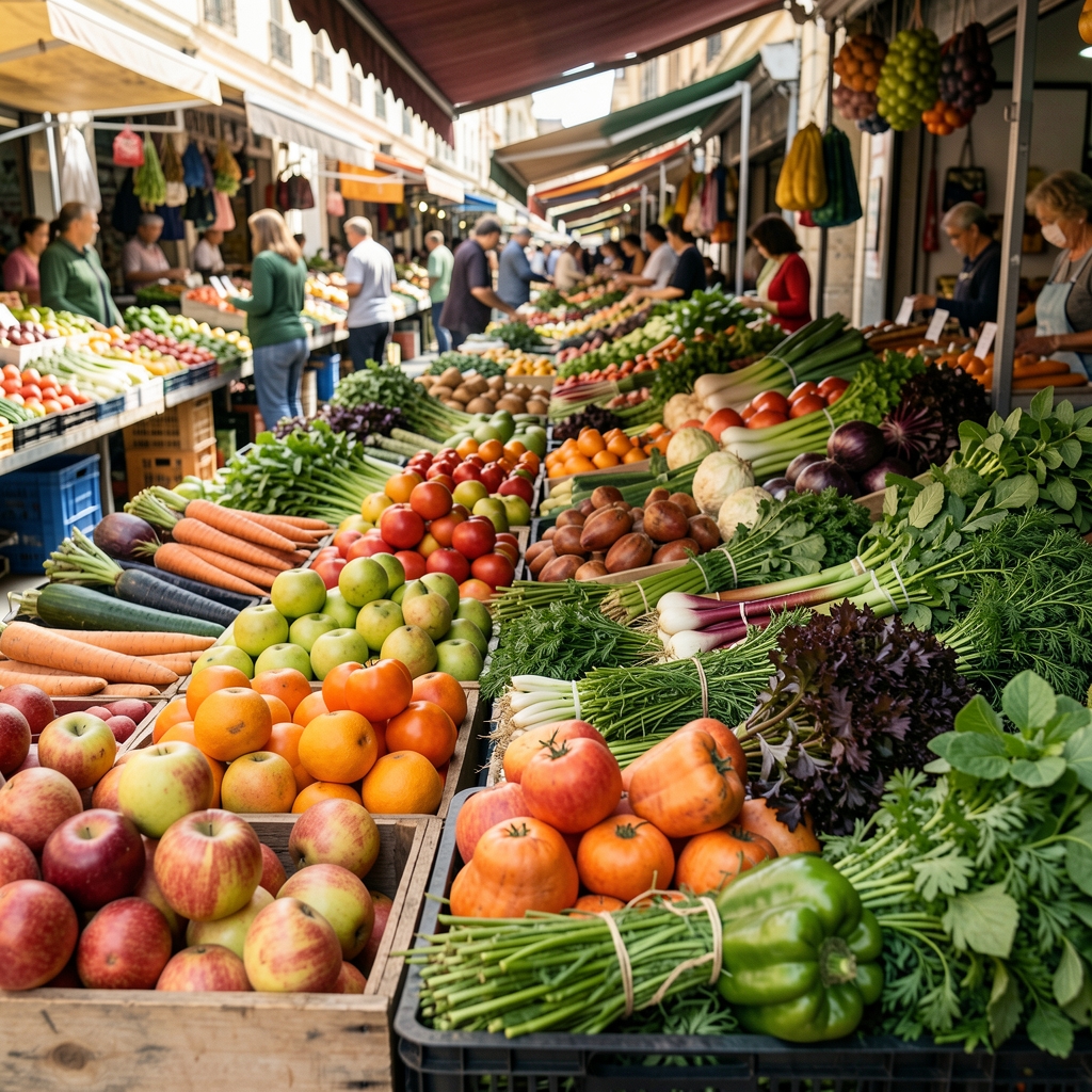 Fresh Indonesian vegetables, fruit and herbs displayed at a colorful morning market
