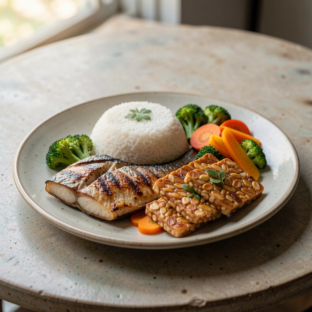 Balanced plate of rice, grilled fish, tempeh and colorful vegetables on a ceramic table