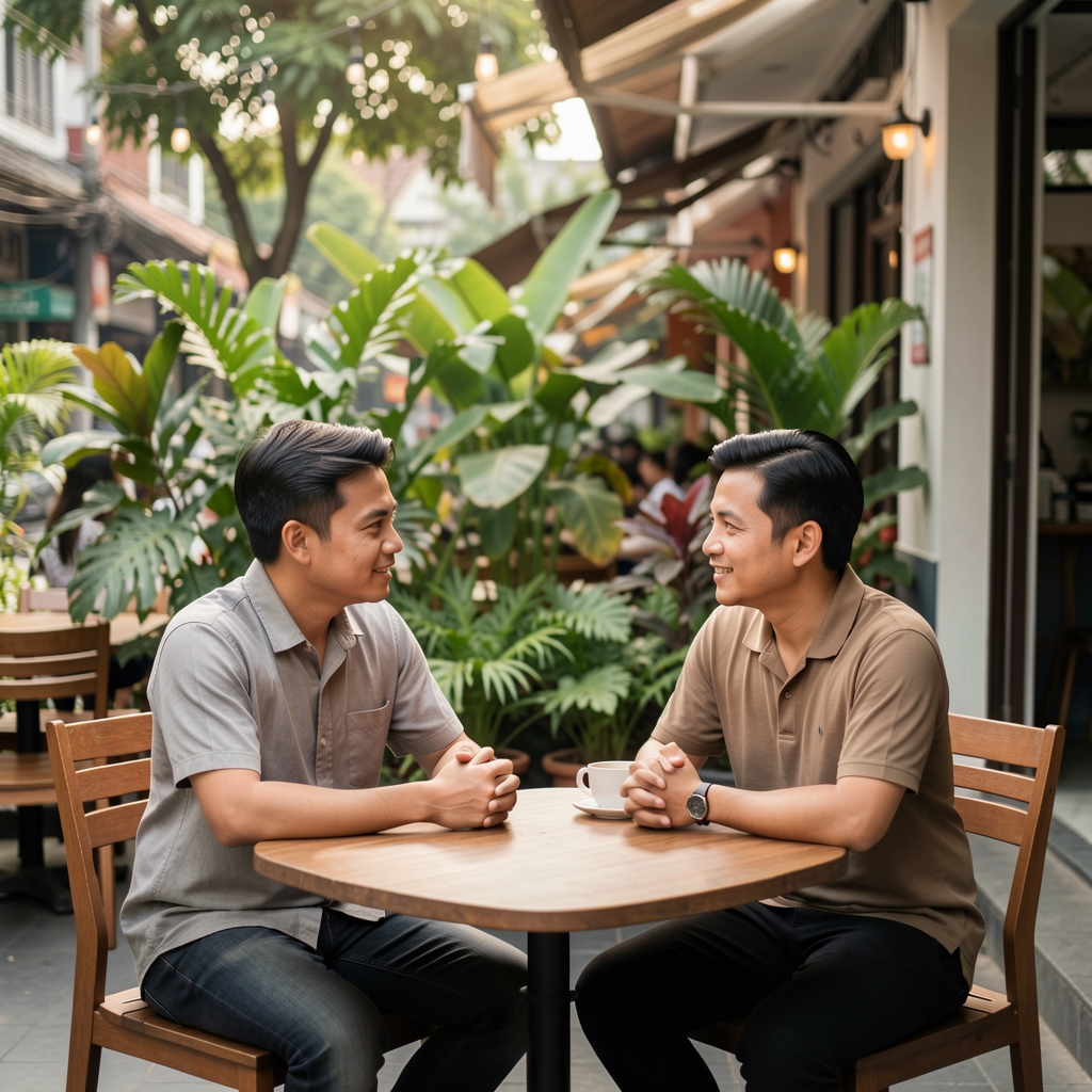 Two adult friends sharing a calm conversation at an outdoor Jakarta cafe table with green plants nearby