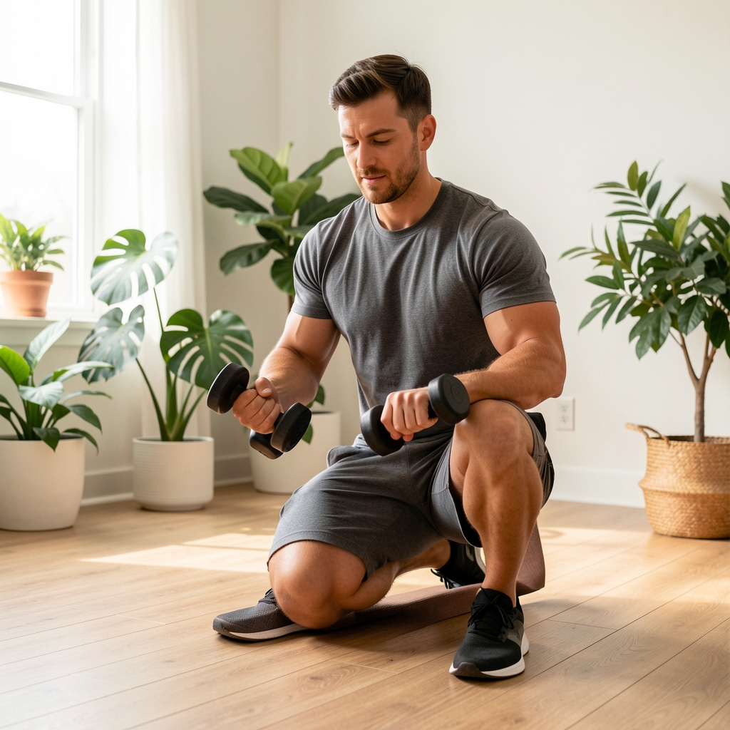 Man using a pair of modest weights in a bright home training corner with wooden floor and plants