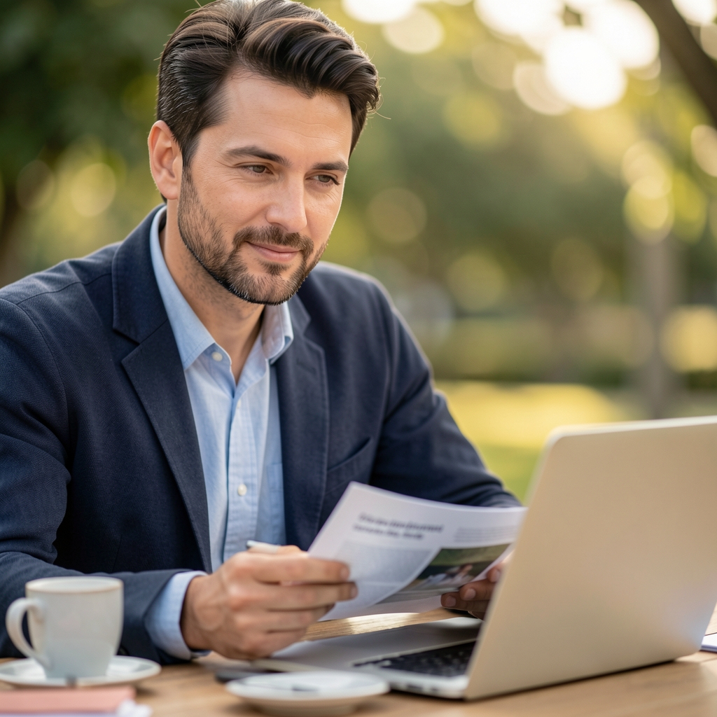 Editorial lead reviewing printed feature notes beside a laptop and ceramic cup