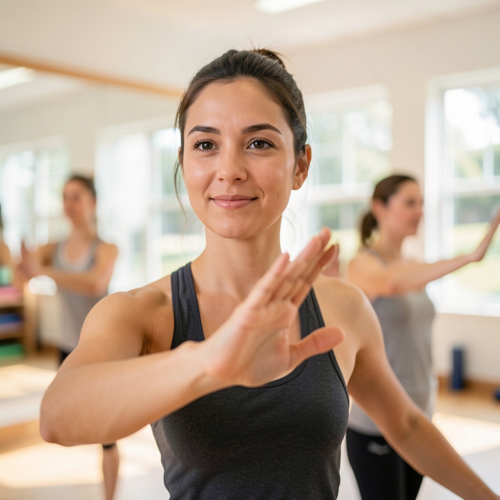 Movement writer demonstrating a gentle balance exercise in a bright community studio